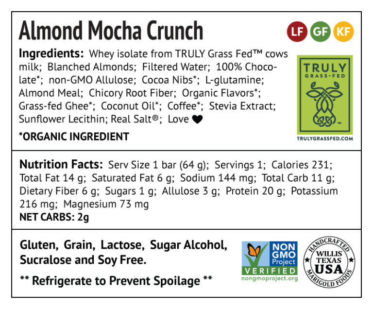 Almond Mocha Crunch Protein Bar Back Label