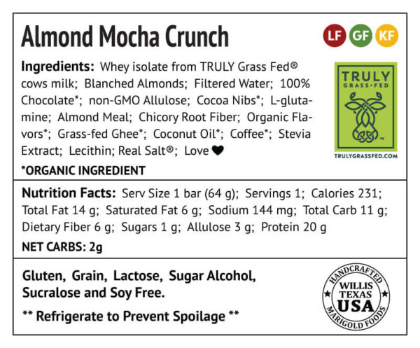 Almond Mocha Crunch Protein Bar Truly Grass-fed Back Label - MariGold Bars