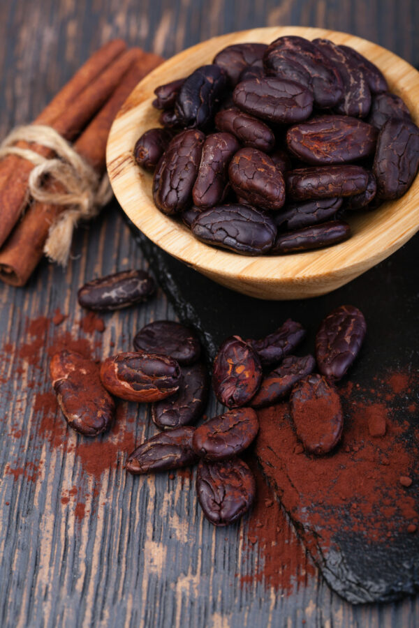 Cocoa beans on a wooden table