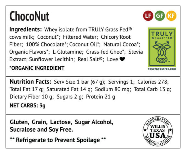 Choconut Protein Bar Truly Grass-fed Back Label - MariGold Bars