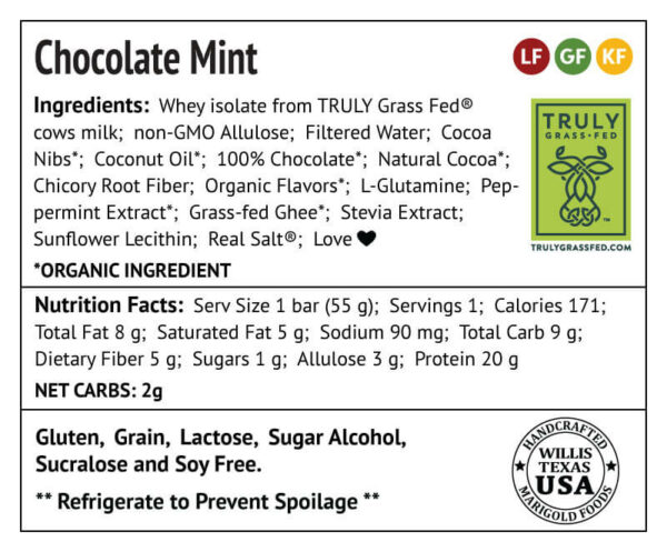 Chocolate Mint Protein Bar Truly Grass-fed Back Label - MariGold Bars