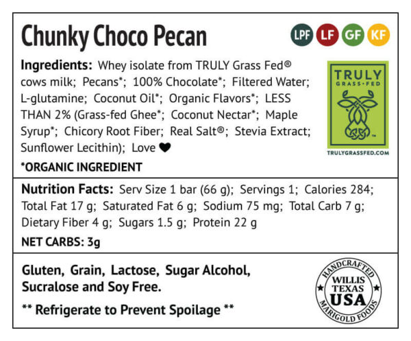 ChunkyChoco Pecan Protein Bar Truly Grass-fed Back Label - MariGold Bars