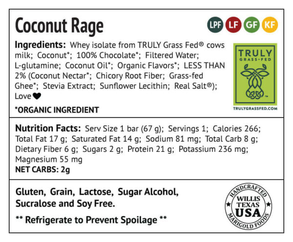 Coconut Rage Protein Bar Truly Grass-fed Back Label - MariGold Bars