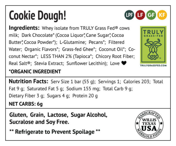 Cookie Dough! Protein Bar Truly Grass-fed Back Label - MariGold Bars