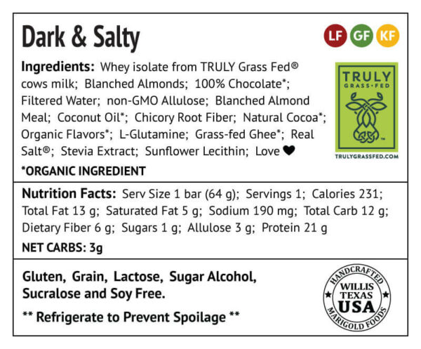 Dark & Salty Protein Bar Truly Grass-fed Back Label - MariGold Bars