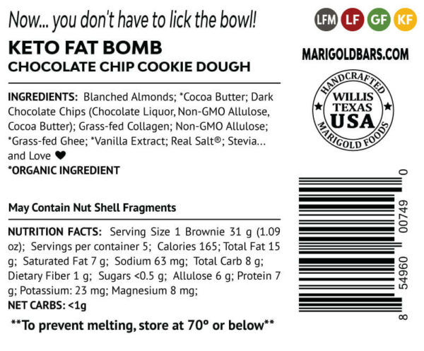 Chocolate Chip Cookie Dough Fat Bomb Back Label