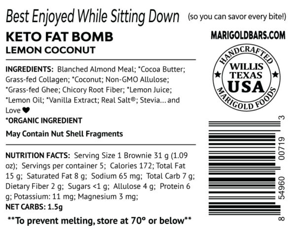 Lemon Coconut Fat Bombs MariGold Bars Back Label