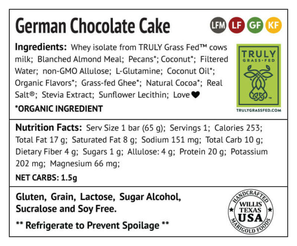 German Chocolate Cake MariGold Bar Protein Bars Back Label