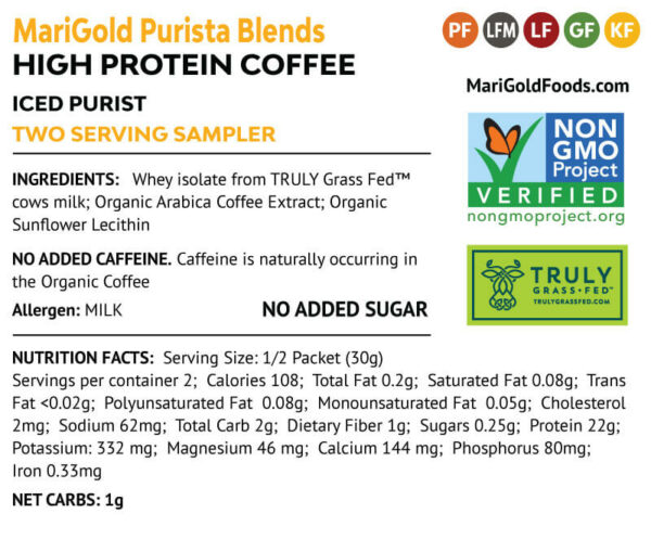 High Protein Coffee Iced Purist 2 serving Sampler Ingredient information