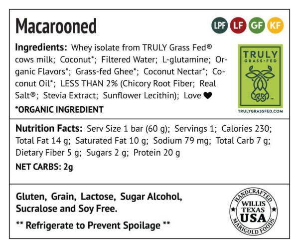 Macarooned Protein Bar Truly Grass-fed Back Label - MariGold Bars