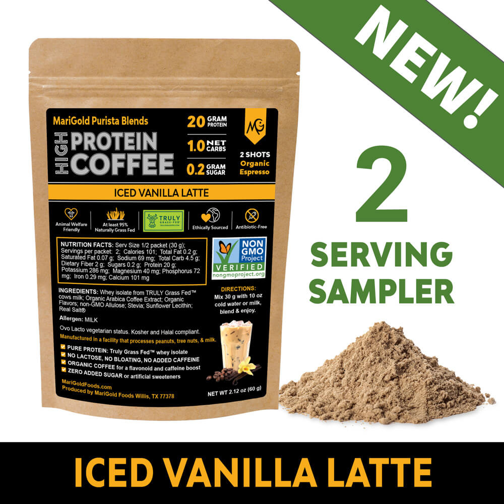 Two Serving Sampler of MariGold High Protein Coffee Iced Vanilla Latte