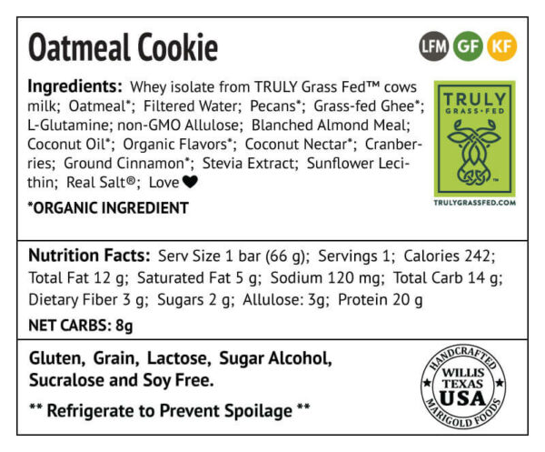 Oatmeal Cookie Back Label MariGold Protein Bars