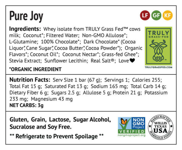 Pure Joy MariGold Bars Keto Friendly Truly Grass Fed Protein Bars Back Labels