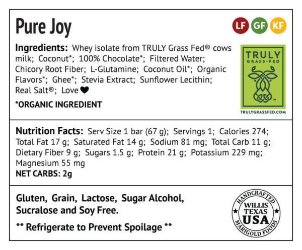 Pure Joy Protein Bar Truly Grass-fed Back Label - MariGold Bars