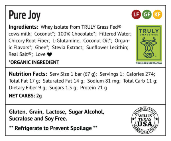 Pure Joy Protein Bar Truly Grass-fed Back Label - MariGold Bars