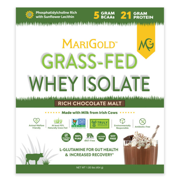 MariGold Whey Protein Isolate Rich Chocolate Malt 1 Lb Bag Front Label