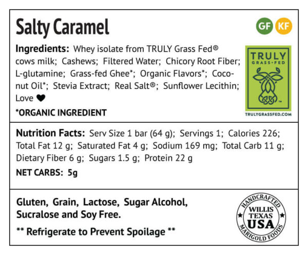 Salty Caramel Protein Bar Truly Grass-fed Back Label - MariGold Bars