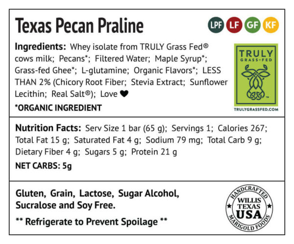 Texas Pecan Praline Protein Bar Truly Grass-fed Back Label - MariGold Bars