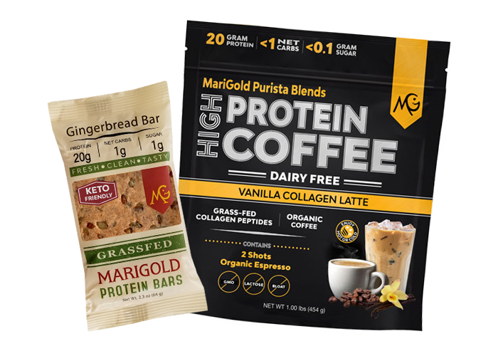 MariGold Vanilla Collagen Latte and Gingerbread Protein Bar