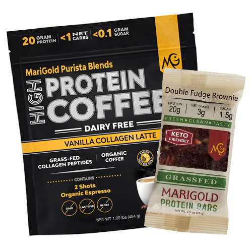 MariGold Vanilla Collagen Latte High Protein Coffee and Double Fudge Brownie Grass-Fed Protein Bar