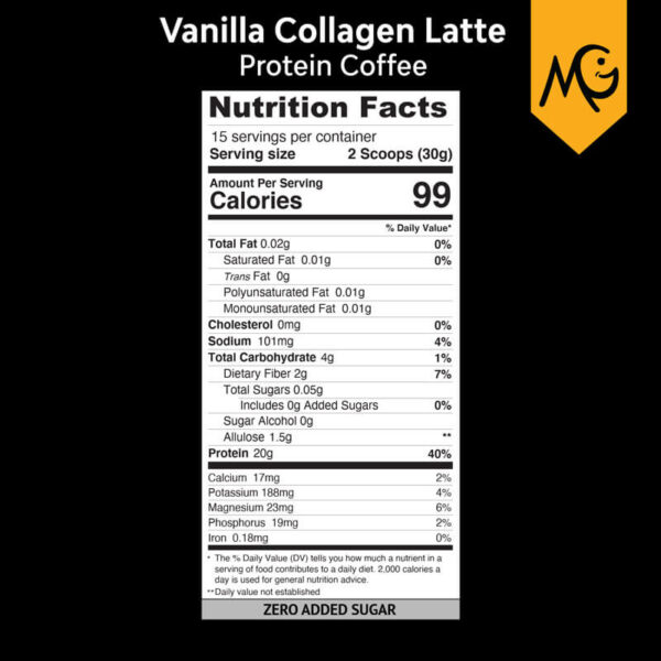 MariGold Vanilla Collagen Latte High Protein Coffee Nutritional Label