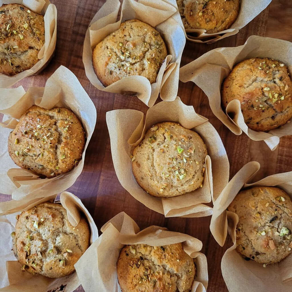 Keto Pistachio Chocolate Malt Muffins