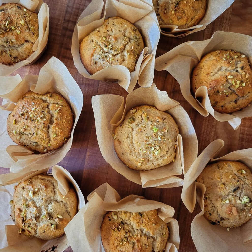 Keto Pistachio Chocolate Malt Protein Muffins