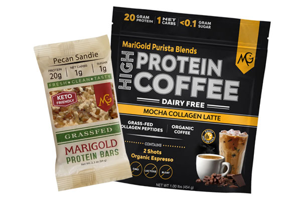 MariGold Pecan Sandie Protein Bar, and Mocha Collagen Latte Protein Coffee