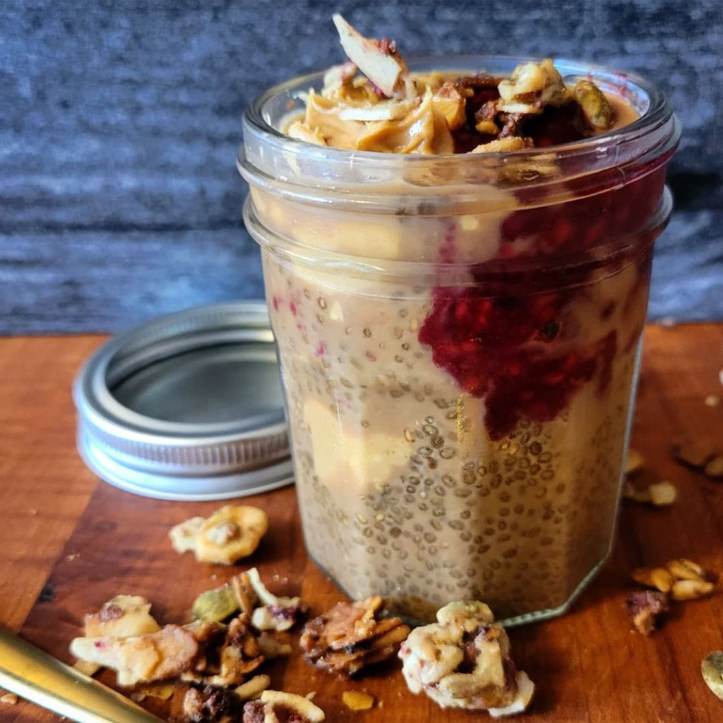 Peanut Butter and Jelly Seed Pudding with a Mocha Protein Kick